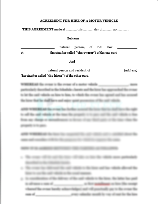 Motor Vehicle Hire Agreement