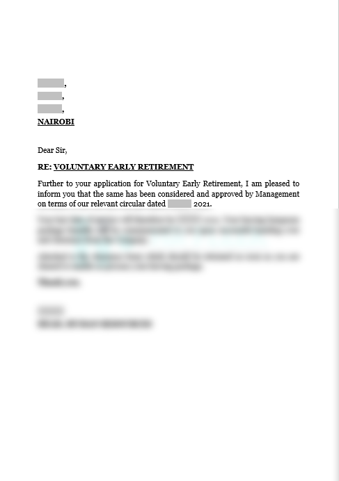 Voluntary Early Retirement Programme Letter